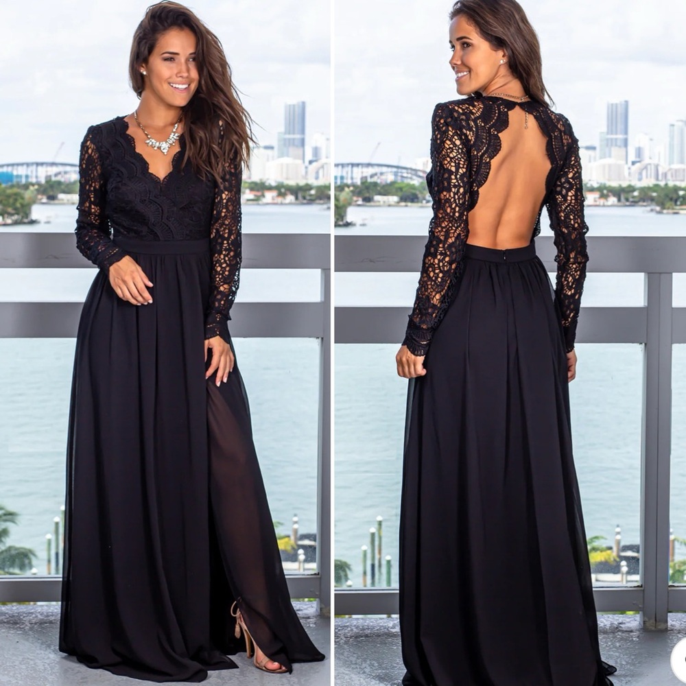 Lulu's Black Lace Long Sleeve Open-Back Maxi Dress